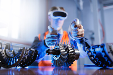 Caucasian male young engineer using vr technology to examine turbine components in industrial setting