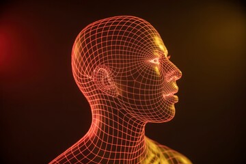 A wireframe 3D model of a human head in orange and yellow hues against a dark background