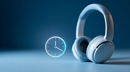 White wireless headphones placed on a surface with a digital clock icon showing time in a blue gradient background