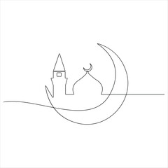 Continuous line drawing of moon with mosque and lantern Islamic new year concept