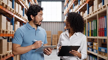 Warehouse workers reviewing inventory data on digital devices - Powered by Adobe