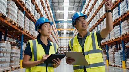 Warehouse workers reviewing inventory data on digital tablet and clipboard - Powered by Adobe