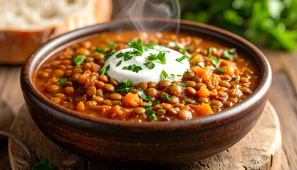 Lentil stew steaming bowl rustic sour cream swirling soup comfort food home cooking winter meal hot legumes traditional dinner generative AI