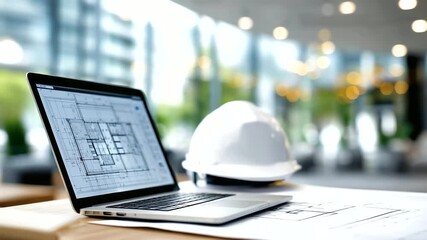 Architectural blueprint displayed on laptop screen with construction helmet on desk, professional engineering or architectural workspace, modern office