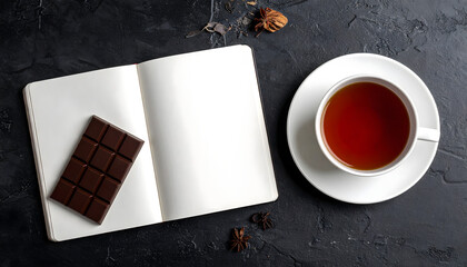 Dark chocolate piece open notebook tea cup cozy desk workspace snack relaxation lifestyle break wooden table study journal organic generative AI