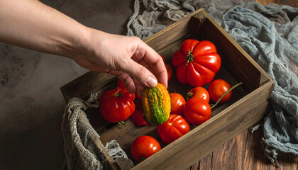 Hand holding ugly cucumber scarred tomato wooden crate mesh bag organic produce zero waste sustainable farming vegetable imperfect food grocery harvest generative AI