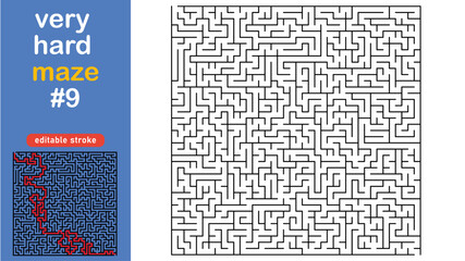 Very Hard Maze Puzzle for Adults and Kids, Complex Square Labyrinth Vector editable stroke