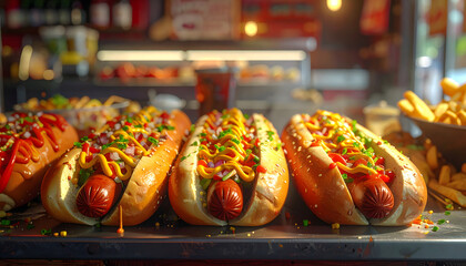 Hot dog stand street food stall snacks fast food outdoor kiosk vendor catering city urban lunch tasty sausage takeaway generative AI