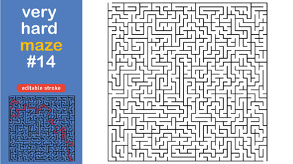 Very Hard Maze Puzzle for Adults and Kids, Complex Square Labyrinth Vector editable stroke