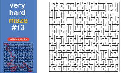 Very Hard Maze Puzzle for Adults and Kids, Complex Square Labyrinth Vector editable stroke