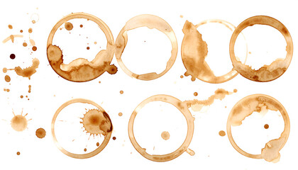 Coffee stains splashes white background isolated brown liquid spill rings coffee drops messy texture artistic beverage splatter caffeine stain mark generative AI