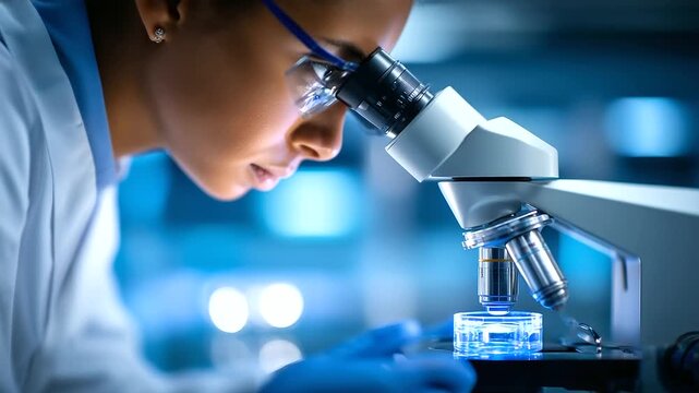 Close-up of researcher using microscope during scientific experiment, high-tech medical laboratory, realistic professional scene, sterile atmosphere, b