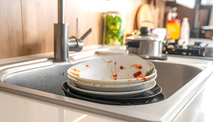 Dirty dishes stack pots pans kitchen sink messy pile cleaning chores housework greasy domestic lifestyle background equipment household chores container water generative AI