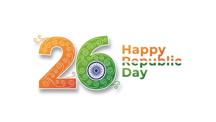 A decorative '26' with 'Happy Republic Day' text, featuring Indian flag colors and a chakra, on a white background.