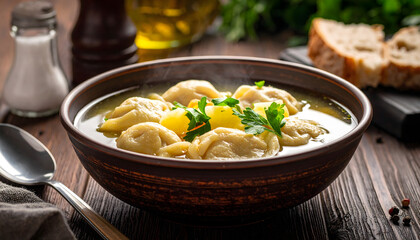 Vegan dumplings broth soup plate wooden table backlight traditional plant based healthy dinner organic culinary vegetable meal warm generative AI