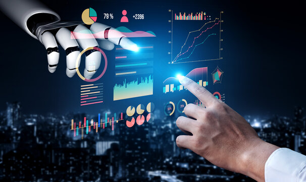 A robotic hand interacts with vibrant digital graphs and data visualizations, showcasing the fusion of technology and analytics in a bustling city environment. Impute - Powered by Adobe