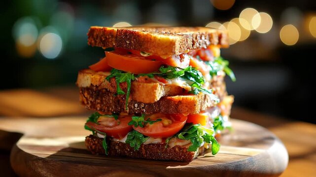 Delicious Triple Decker Sandwich with Tomatoes, A scrumptious triple decker sandwich, showcasing fresh tomatoes and various fillings, emphasizing its towering structure