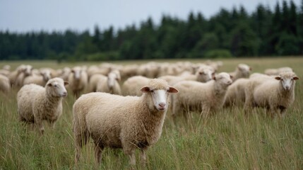 Obraz premium Large group of sheep standing in a field of tall grass. the sheep are of different sizes and colors, with some being light brown and others being darker.