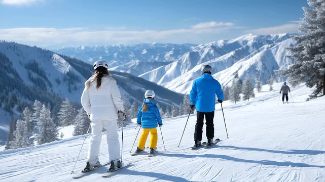 Family skiing together on wide mountain piste, joyful parents teaching children to ski, snow-covered alpine landscape, blue sky, bright winter day, rea