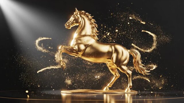 Celebrating Lunar New Year 2026 with a majestic golden horse statue under spotlight