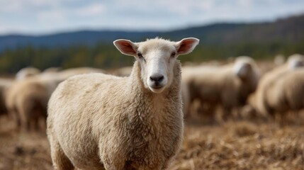 Obraz premium Close-up of a sheep standing in a field. the sheep is facing the camera and is looking directly at the camera. it has a light brown coat with a white face and two large ears.