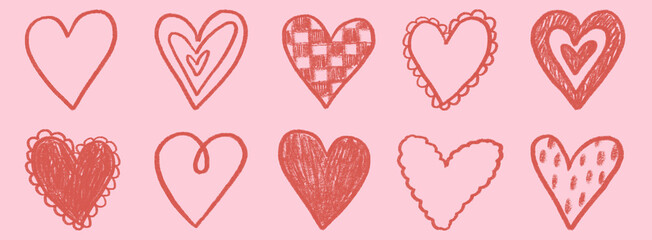 Hand drawn sketchy red on pink background love hearts doodle illustration. Vintage grunge sketch icons for wedding or valentine day card invitations, poster, party banner, social media post design.