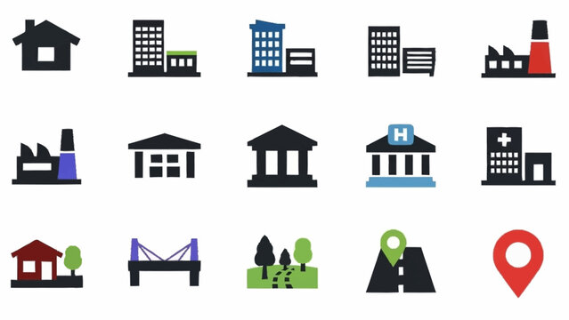Collection of various black and colorful building icons on white background.