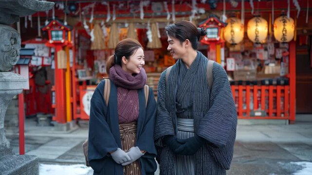 初詣の寒い朝、小紋と羽織の女性と角帯姿の男性が微笑む和装カップル