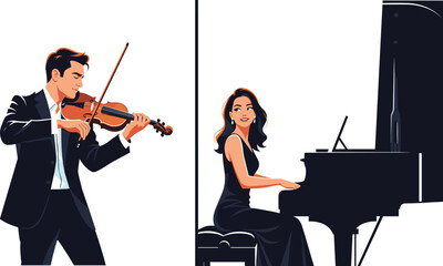 Classical music performance, violin and piano duet, elegant musicians, formal concert attire, artistic collaboration, live recital, harmony, stage, expression, joy © Empowerment angle 