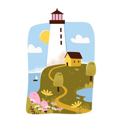 Coastal illustration featuring a lighthouse on a hill, a cottage, flowers, trees, and a sailboat.