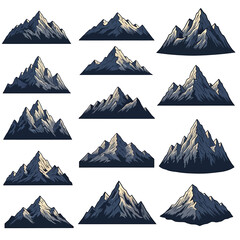 Set of diverse mountain range illustrations, depicting rugged peaks and majestic alpine landscapes for outdoor graphic design projects