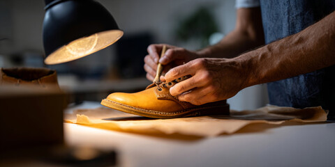 Close-up of craftsman hands working on leather shoe under desk lamp in workshop with focused lighting and detailed stitching process