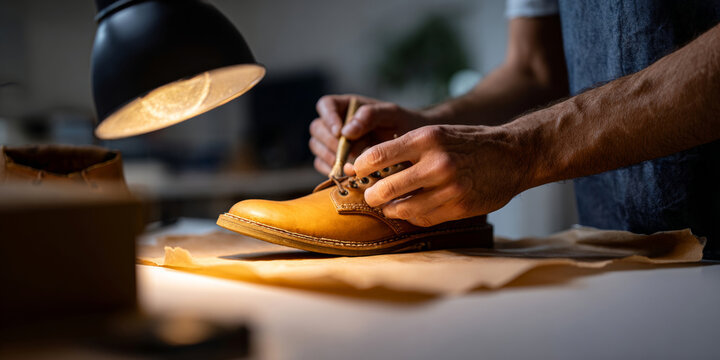 Close-up of craftsman hands working on leather shoe under desk lamp in workshop with focused lighting and detailed stitching process - Powered by Adobe