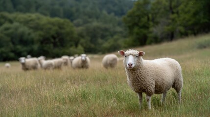 Fototapeta premium Sheep standing in a field of tall grass. the sheep is facing the camera and is looking directly at the camera with a curious expression.