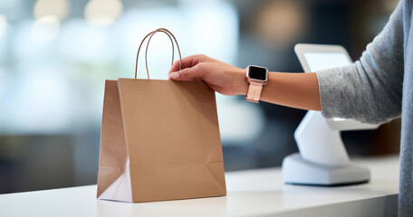 A person holding a brown paper bag at the checkout counter of a store with their smartwatch on
