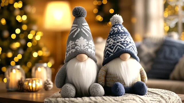 New Year holiday gnome decorations in cozy winter home interior, festive seasonal decor concept, realistic commercial stock photography, warm soft ligh