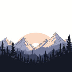 Artistic vector illustration capturing a peaceful mountain landscape at sunset or sunrise, with rugged peaks and a serene forest silhouette
