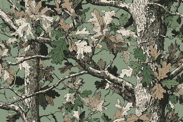 Seamless Woodland Camouflage Pattern with Tree Branches and Leaves