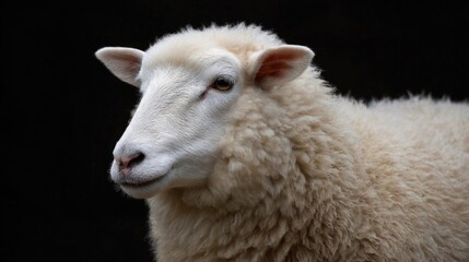Fototapeta premium Close-up portrait of a sheep. the sheep is facing towards the right side of the image, with its head turned slightly to the left.
