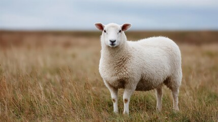 Fototapeta premium Photograph of a white sheep standing in a field of tall, dry grass. the sheep is facing the camera and is looking directly at the camera with a serious expression.