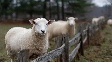 Obraz premium Group of sheep standing behind a wooden fence in a field. the sheep are white and fluffy, and they are looking directly at the camera with a curious expression.