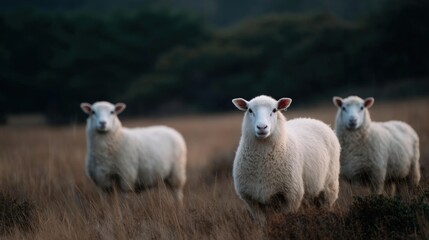 Fototapeta premium Three white sheep standing in a field of tall, dry grass. the sheep are facing the camera and appear to be looking directly at the camera.