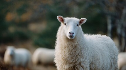 Close-up of a white sheep standing in a field. the sheep is facing the camera and is looking directly at the camera with a serious expression. its fur is fluffy and white, and its ears are perked up.