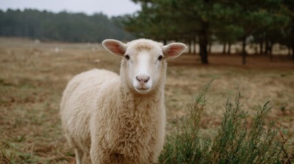 Obraz premium Close-up of a sheep standing in a field. the sheep is facing the camera and is looking directly at the camera with a curious expression. it has a light brown coat and large, pointed ears.