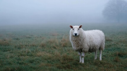 Obraz premium White sheep standing in a field of green grass. the sheep is facing the camera and is looking directly at the camera. the field is shrouded in a thick fog, with a tree visible in the background.