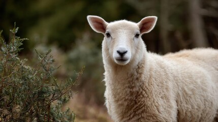 Obraz premium Close-up of a white sheep standing in a wooded area. the sheep is facing the camera and is looking directly at the camera with a slight smile on its face.
