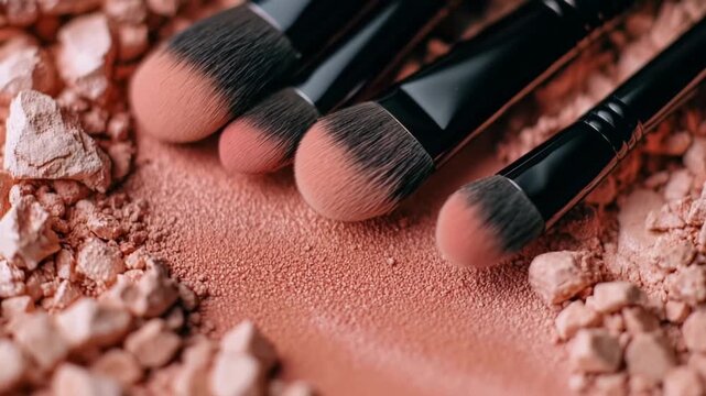 brushes lying on crushed pink blush and eyeshadow, Brushes resting on crushed pink blush and eyeshadow, showcasing vibrant makeup colors and tools for application