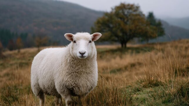 Photograph of a white sheep standing in a field of tall grass. the sheep is facing the camera and is looking directly at the camera with a serious expression.