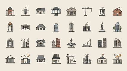 Collection of various building and construction icons in different styles.