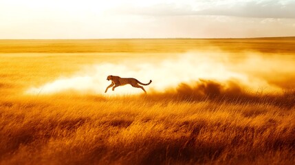 Cheetah sprinting across golden grassland at sunset